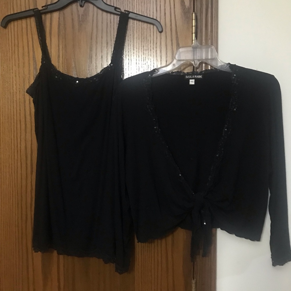 BASIL & MAUDE LADIES’ XL 2 PIECE  TOP SOFT KNIT BLACK WITH BLACK SEQUIN TRIM